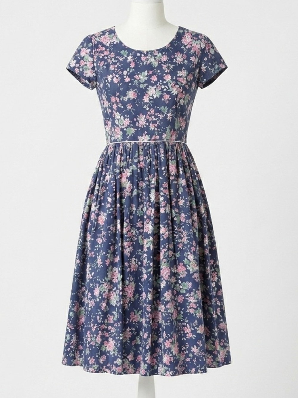 eShakti 50s Style Blue Floral Print Boatneck Cotton Sateen A-line Dress Size 2